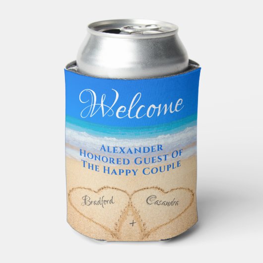 Beach Wedding Hearts in Sand Welcome Blikjeskoeler (Blikje Voorkant)