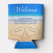 Beach Wedding Hearts in Sand Welcome Blikjeskoeler (Voorkant)