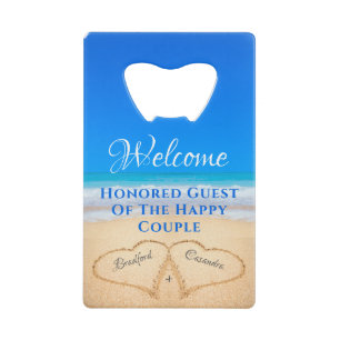 Beach Wedding Hearts in Sand Welcome Creditkaart Flessenopener