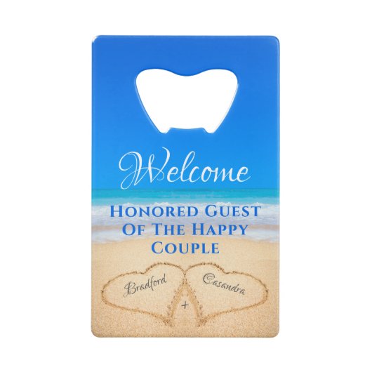 Beach Wedding Hearts in Sand Welcome Creditkaart Flessenopener (Voorkant)