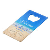 Beach Wedding Hearts in Sand Welcome Creditkaart Flessenopener (Achterkant Gekanteld)