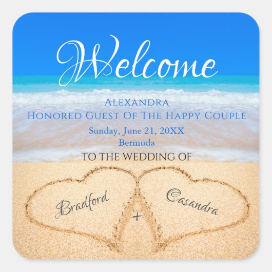 Beach Wedding Hearts in Sand Welcome Keepomwille Vierkante Sticker (Voorkant)