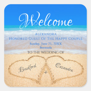 Beach Wedding Hearts in Sand Welcome Keepomwille Vierkante Sticker