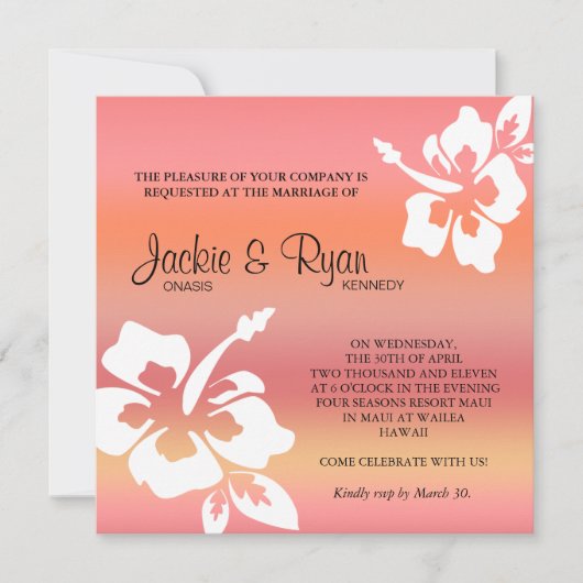 Beach Wedding Invitation Hibiscus Coral Sinaasappe Kaart (Voorkant)