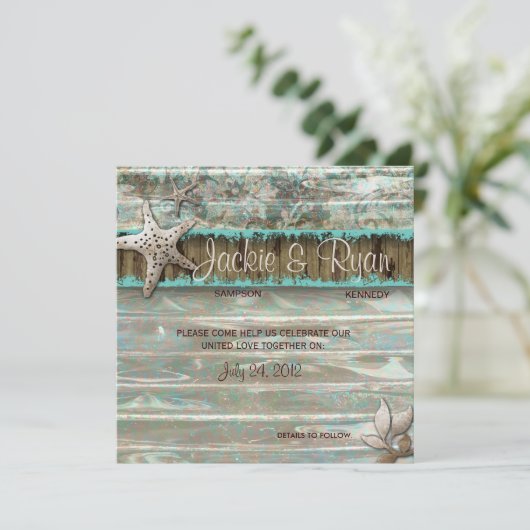 Beach Wedding Invitation Seashell Blue  Save The Date (Staand voorkant)