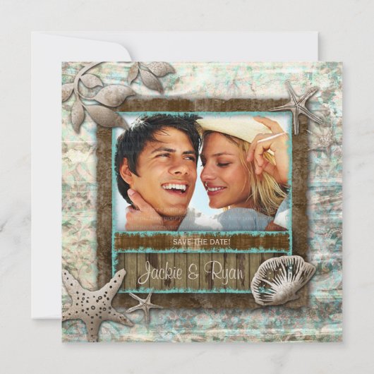 Beach Wedding Invitation Seashell Blue Save The Date (Achterkant)