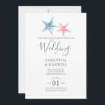 Beach Wedding Invitation - Starfish Kaart<br><div class="desc">Deze speciale uitnodiging voor strandbruiloft in strandtrouwkleuren heeft een roze en blauw zetvisthema ontworpen met een replica van mijn originele waterverf kunstwerk. Ideaal voor kust- en strandbruiloften. Ik hou van dit ontwerp, gedrukt op de parelschouderkaart. Pas deze online aan met uw tekst en bekijk uw uitnodiging onmiddellijk. U ontvangt een...</div>