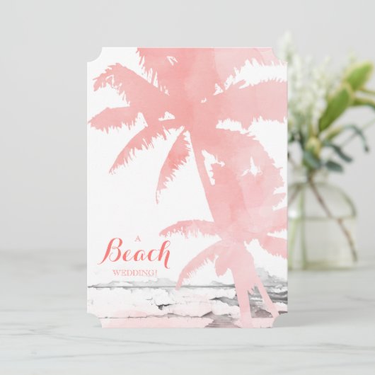 Beach Wedding Invite Coral Palm Trees Wood Kaart (Staand voorkant)