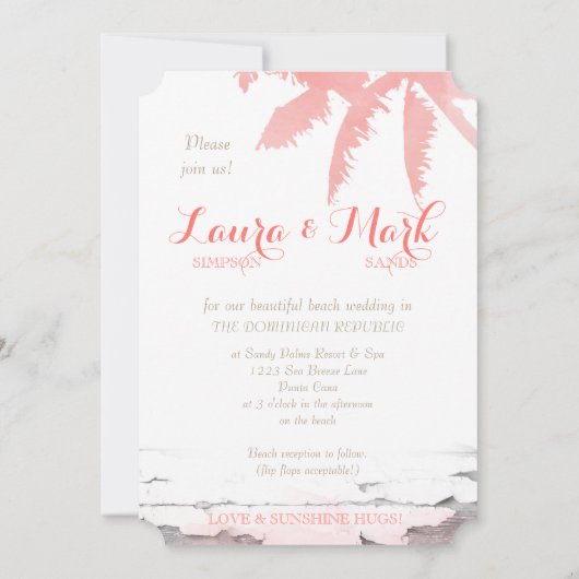 Beach Wedding Invite Coral Palm Trees Wood Kaart (Achterkant)