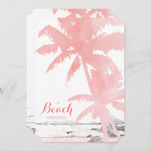 Beach Wedding Invite Coral Palm Trees Wood Kaart (Voorkant / Achterkant)