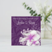 Beach Wedding Invite Plumeria Flower Paarse Leaves Kaart (Staand voorkant)