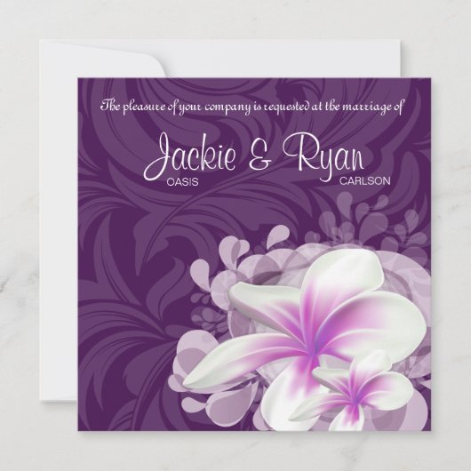 Beach Wedding Invite Plumeria Flower Paarse Leaves Kaart (Voorkant)