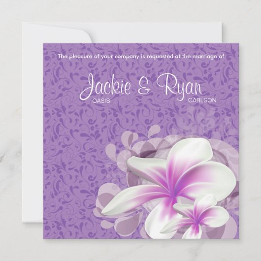 Beach Wedding Invite Plumeria Flower Paarse Swirls Kaart (Voorkant)