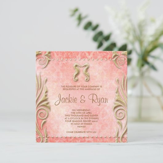 Beach Wedding Invite Seahorse  Coral Gold Kaart (Staand voorkant)