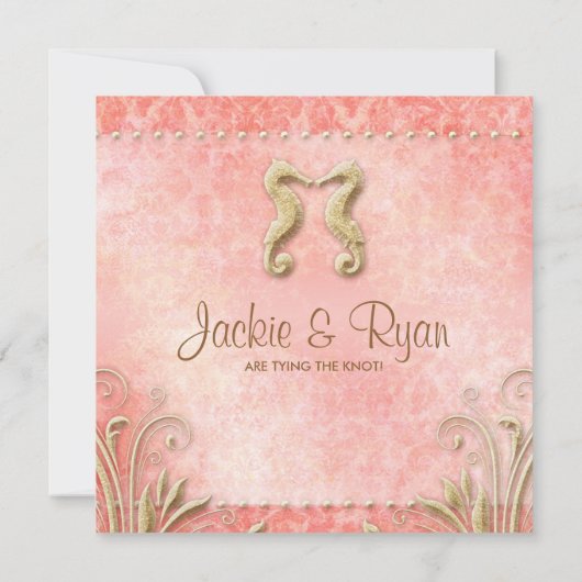 Beach Wedding Invite Seahorse  Coral Gold Kaart (Achterkant)