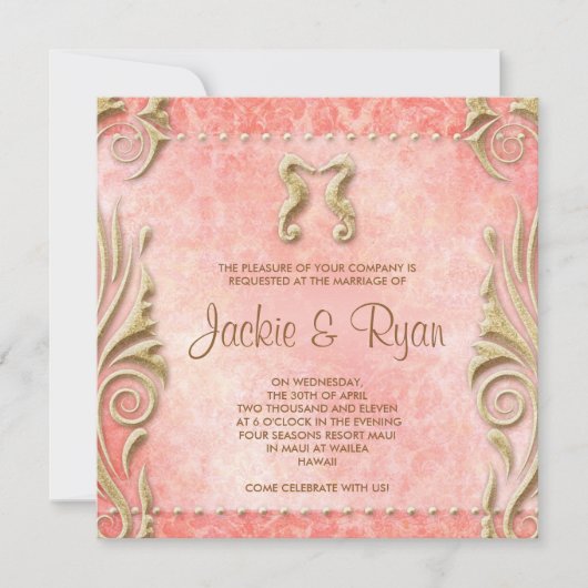 Beach Wedding Invite Seahorse  Coral Gold Kaart (Voorkant)