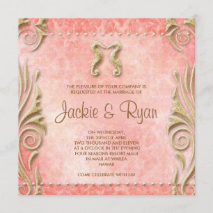 Beach Wedding Invite Seahorse  Coral Gold Kaart