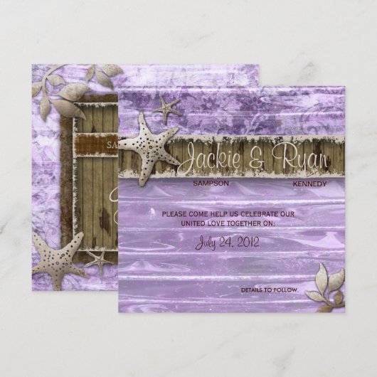 Beach Wedding Invite Seashell Paars hout Save The Date (Voorkant / Achterkant)