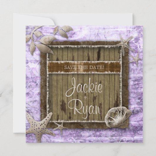 Beach Wedding Invite Seashell Paars  hout Save The Date (Achterkant)
