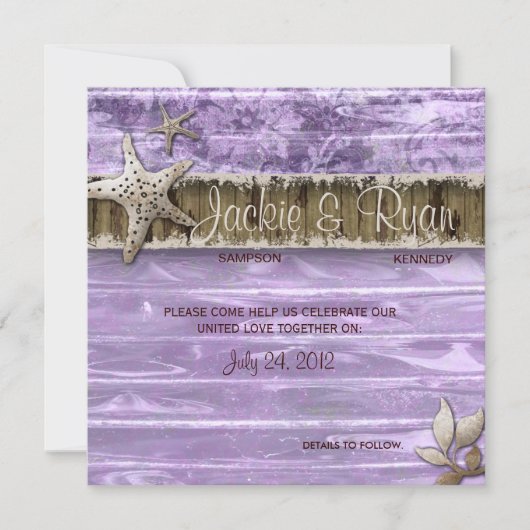 Beach Wedding Invite Seashell Paars hout Save The Date (Voorkant)