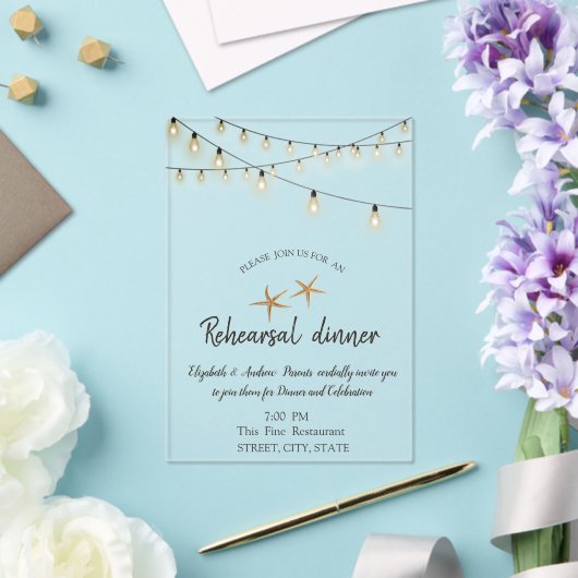Beach Wedding, Lights Seashell Rehearsal Dinner Acryl Uitnodigingen (Insitu (Huwelijk))