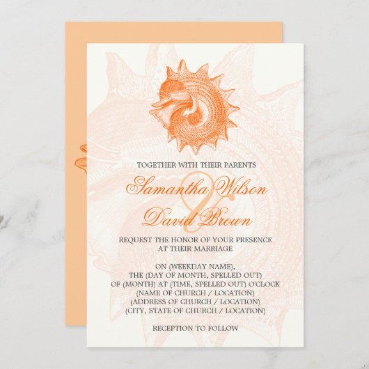 Beach Wedding  Mollusk Shell Oranje Kaart (Voorkant / Achterkant)