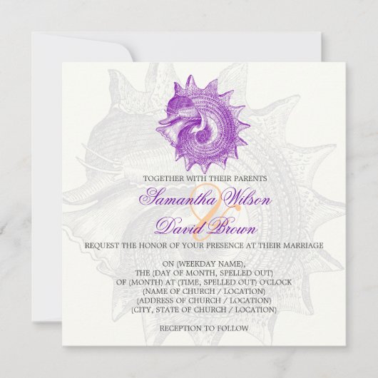 Beach Wedding  Mollusk Shell Paars Kaart (Voorkant)