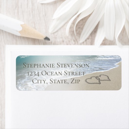 Beach Wedding Monogram Harten zand Etiket (Insitu)
