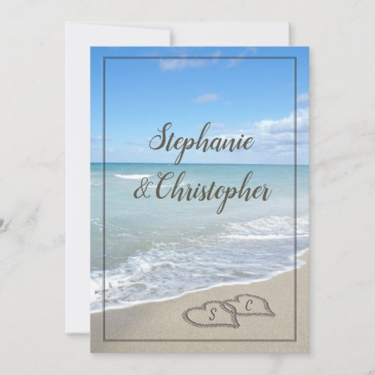 Beach Wedding Monogram Harten zand Kaart (Voorkant)