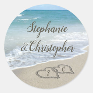 Beach Wedding Monogram Harten zand Ronde Sticker