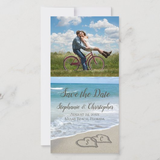 Beach Wedding Monogram Harten zand Save The Date (Voorkant)