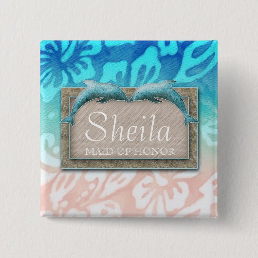 Beach Wedding Name Tag Button Dolphin Luau Party (Voorkant)