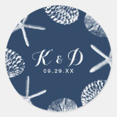 Beach Wedding Navy Blue Seashells Weddenschap Ronde Sticker (Voorkant)