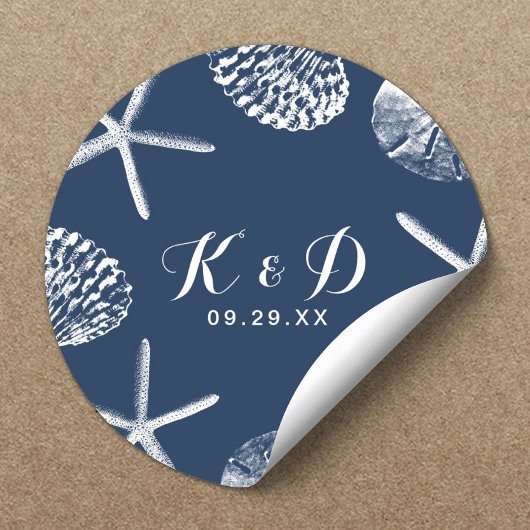 Beach Wedding Navy Blue Seashells Weddenschap Ronde Sticker