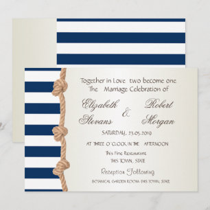 Beach Wedding Navy Rope, Hearts, Stripes Invitatio Kaart