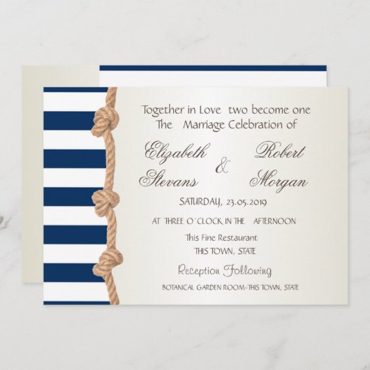Beach Wedding Navy Rope, Hearts, Stripes Invitatio Kaart (Voorkant / Achterkant)