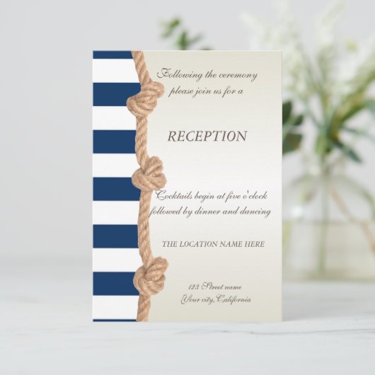 Beach Wedding Navy Rope, Hearts, Stripes Reception Kaart (Staand voorkant)