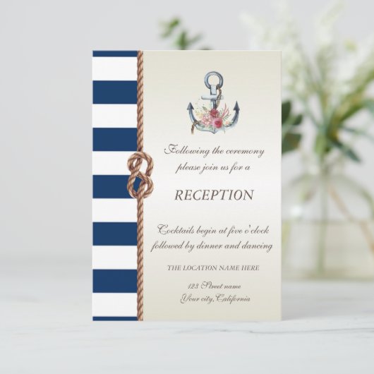 Beach Wedding Navy Rope, Striped Reception Kaart (Staand voorkant)