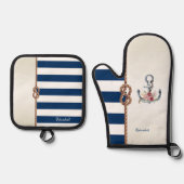 Beach Wedding Navy Rope, Striped Reception Ovenwant & Pannenlap Set (Voorkant)