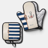 Beach Wedding Navy Rope, Striped Reception Ovenwant & Pannenlap Set (Voorkant / Achterkant)