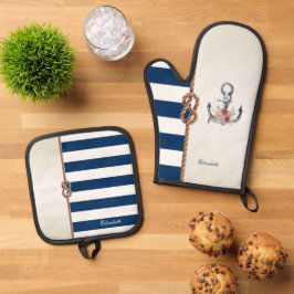 Beach Wedding Navy Rope, Striped Reception Ovenwant & Pannenlap Set