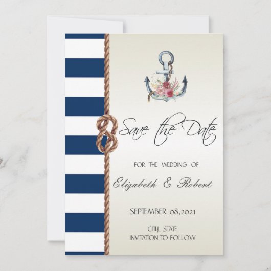 Beach Wedding Navy Rope, striped Save the Date (Voorkant)