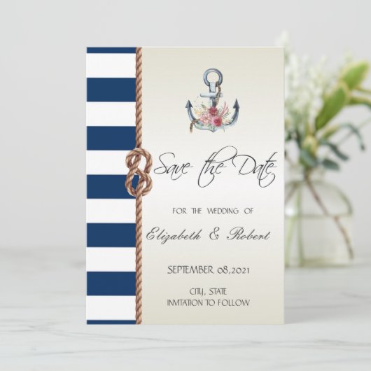 Beach Wedding Navy Rope, striped Save the Date (Staand voorkant)