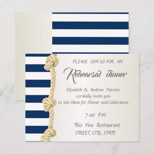 Beach Wedding Navy Rope, Stripes Rehearsal Dinner Kaart (Voorkant / Achterkant)