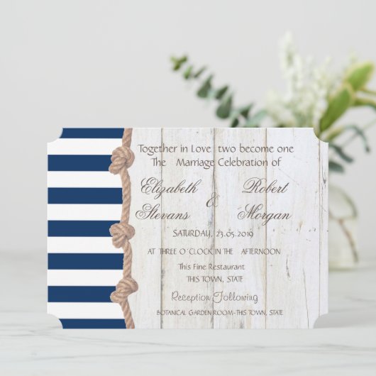 Beach Wedding Navy Rope , Stripes , uitnodiging vo (Staand voorkant)