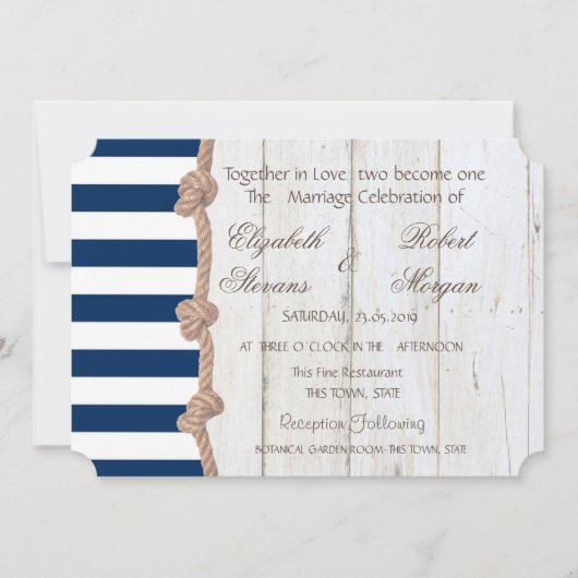 Beach Wedding Navy Rope , Stripes , uitnodiging vo (Voorkant)
