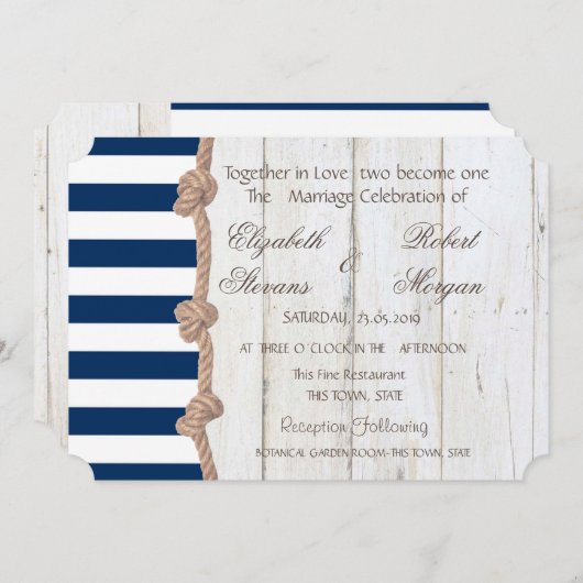 Beach Wedding Navy Rope , Stripes , uitnodiging vo (Voorkant / Achterkant)