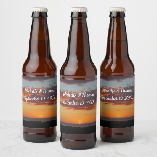 Beach Wedding Ocean Sunset Bright Oranje Sky Beach Bier Etiket (Flessen)