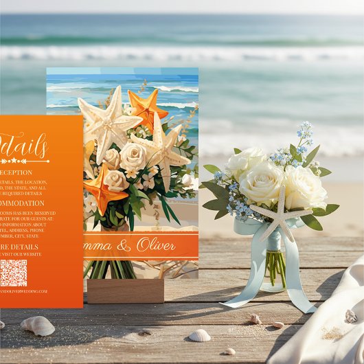 Beach Wedding Orange Starfish Bouquet Details Card Informatiekaartje