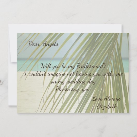 Beach Wedding Palm Leaves Bridesmaid Kaart (Achterkant)